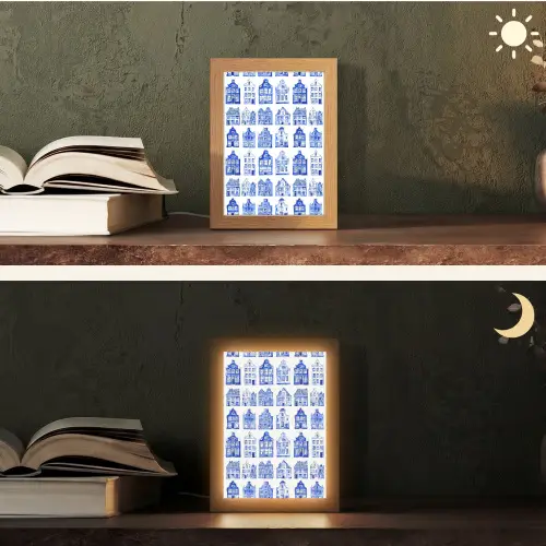 Patroon - Huizen - Blauw Light Box met kabel (Tafellamp) klein 925 -sfeer3