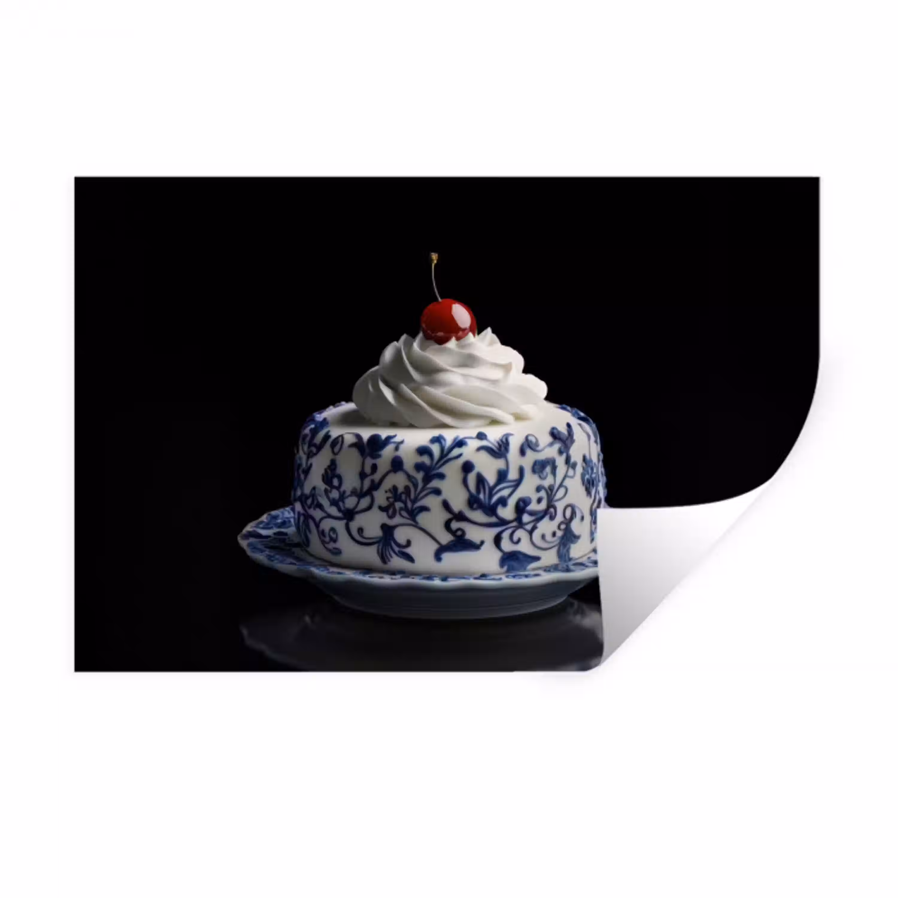 Taart - Slagroom - Kers - Bord - Delfts blauw Muursticker klein -3d