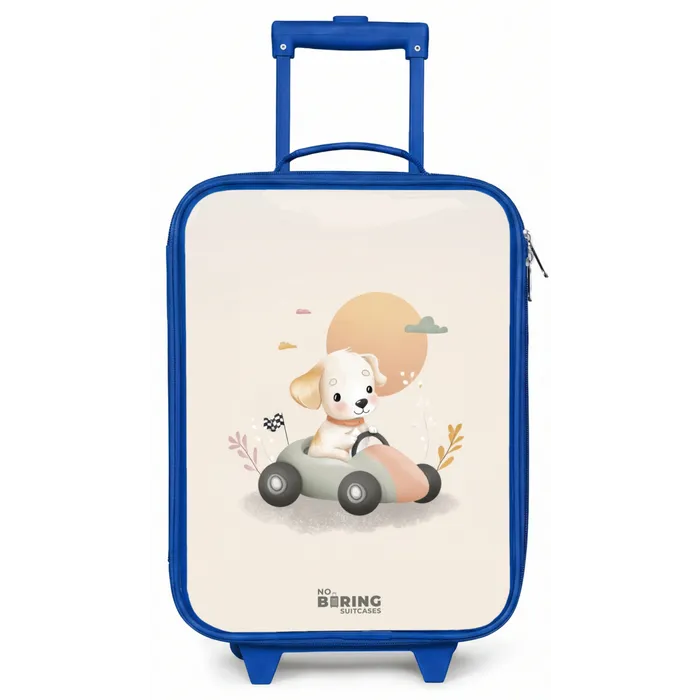 Puppy in een raceauto in beige kleuren Kinderkoffer - Blauw klein -zz3dotto