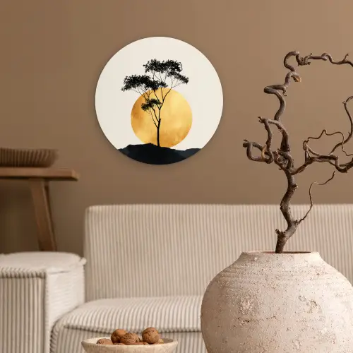 Zwarte boom - Gouden cirkel - Heuvel Wandcirkel kunststof plaat 5mm dik klein -sfeer1