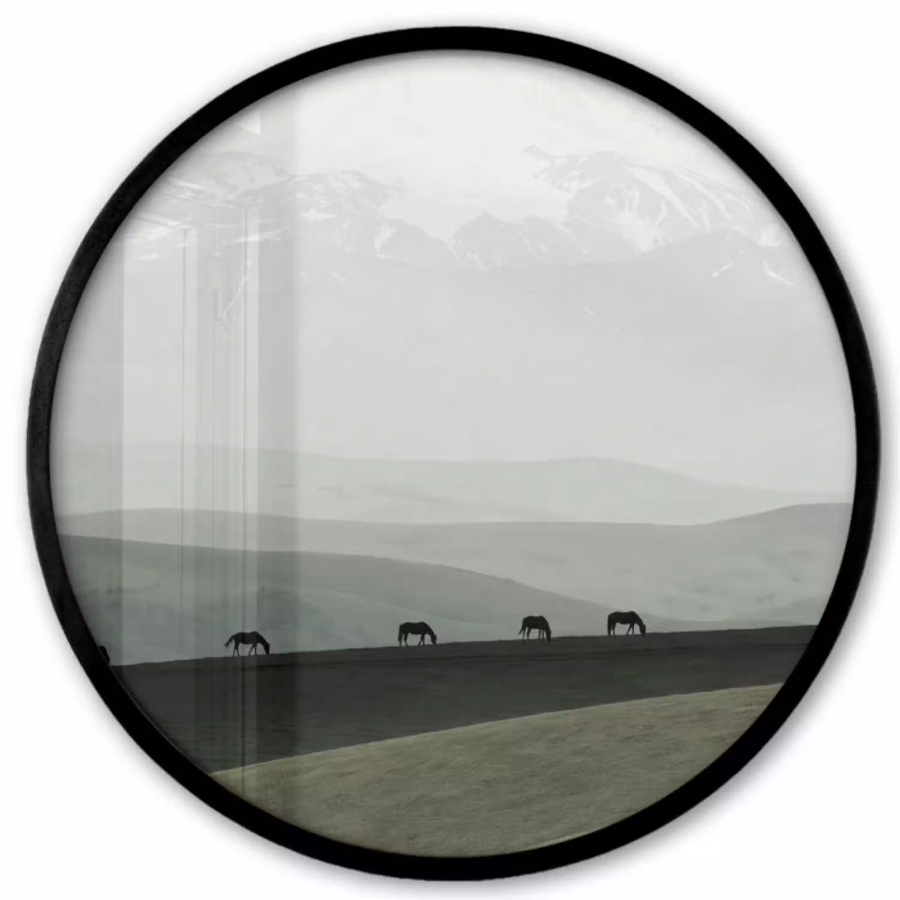 Grijs - Berg - Paarden Fotolijst rond zonder passe partout klein -3d