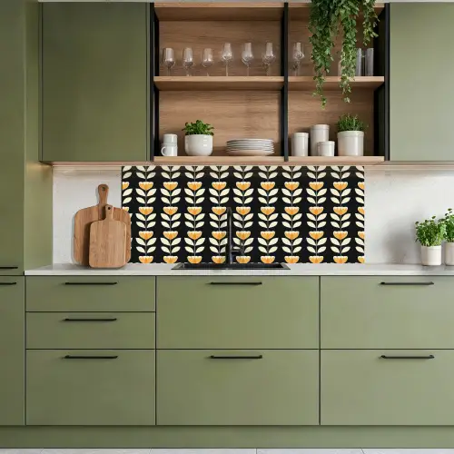 Retro - Bloem - Zwart - Okergeel keuken achterwand 2 middel 871 -sfeer3