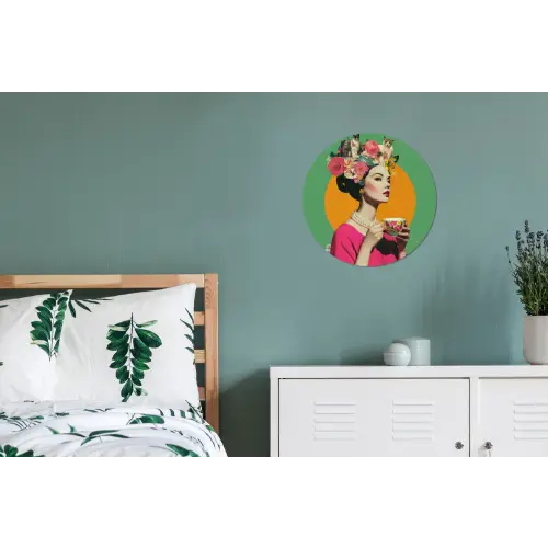 Retro - Vrouw - Stad - Zon Wandcirkel aluminium klein -slaapkamer
