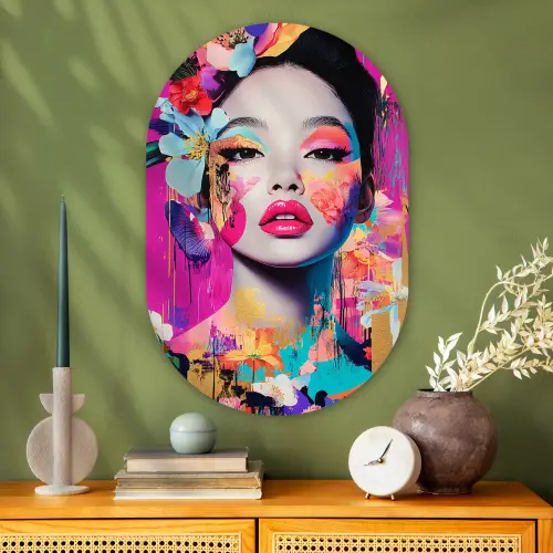Vrouw - Portret - Abstract - Paars Wandcirkel Ovaal Glas middel -sfeer2