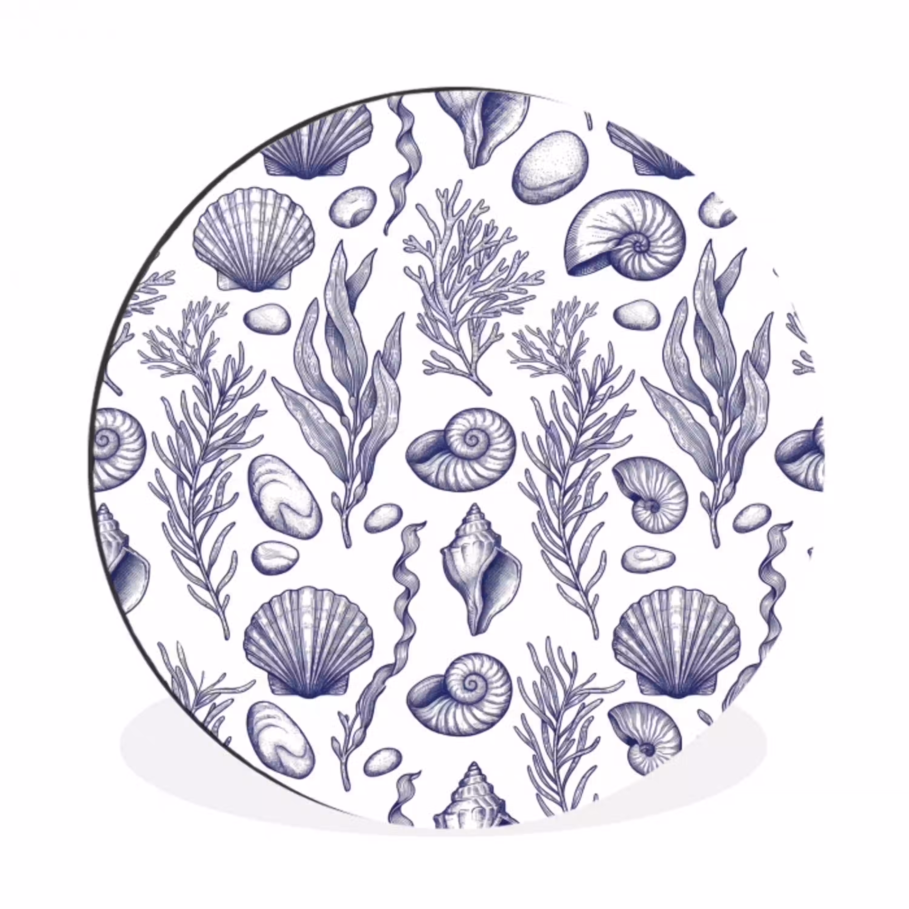Schelpen - Zeewier - Oceaan - Illustratie - Blauw Wandcirkel aluminium klein -3d