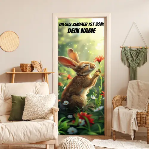 Süßer Hase mit Blume und Namensfeld. deurposter klein -sfeer2