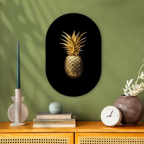 Ananas - Zwart - Goud - Luxe Wandcirkel Ovaal Forex klein -sfeer2