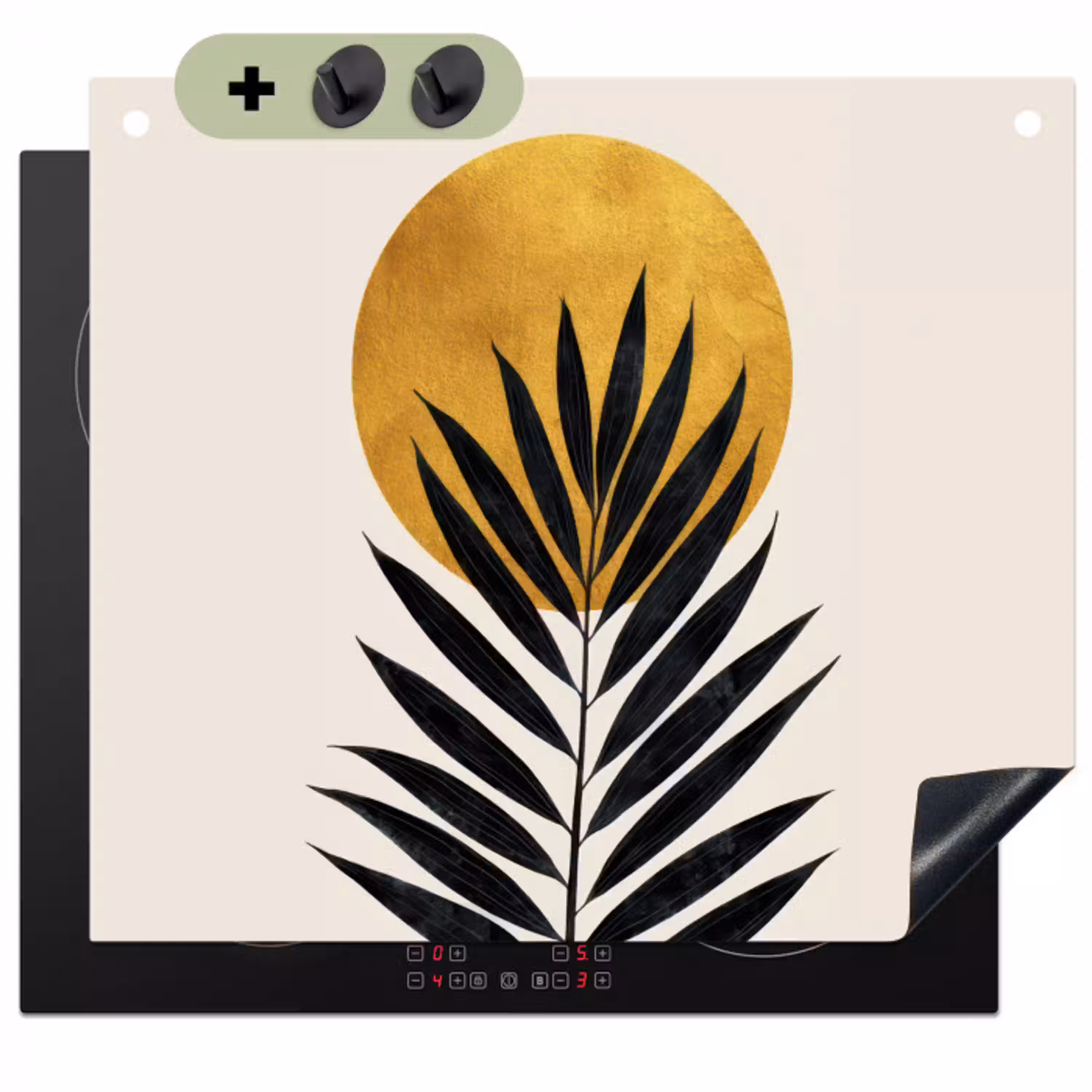 Zwart palmblad - Gouden cirkel - Beige achtergrond Inductie beschemer met haakjes klein -3d