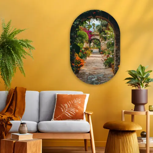 Doorkijk - Bloemen - Poort - Stenen Wandcirkel Ovaal Glas middel -sfeer4