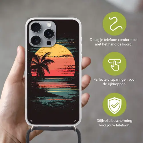 Strand - Minimalistisch - Zon - Oranje Hoesje iPhone 16 Pro Max met koord klein -sfeer2_NL