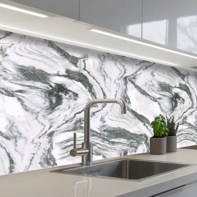 Wit - Marmer - Golvend - Grafiet keuken achterwand 2 middel 871 -3d_schuin