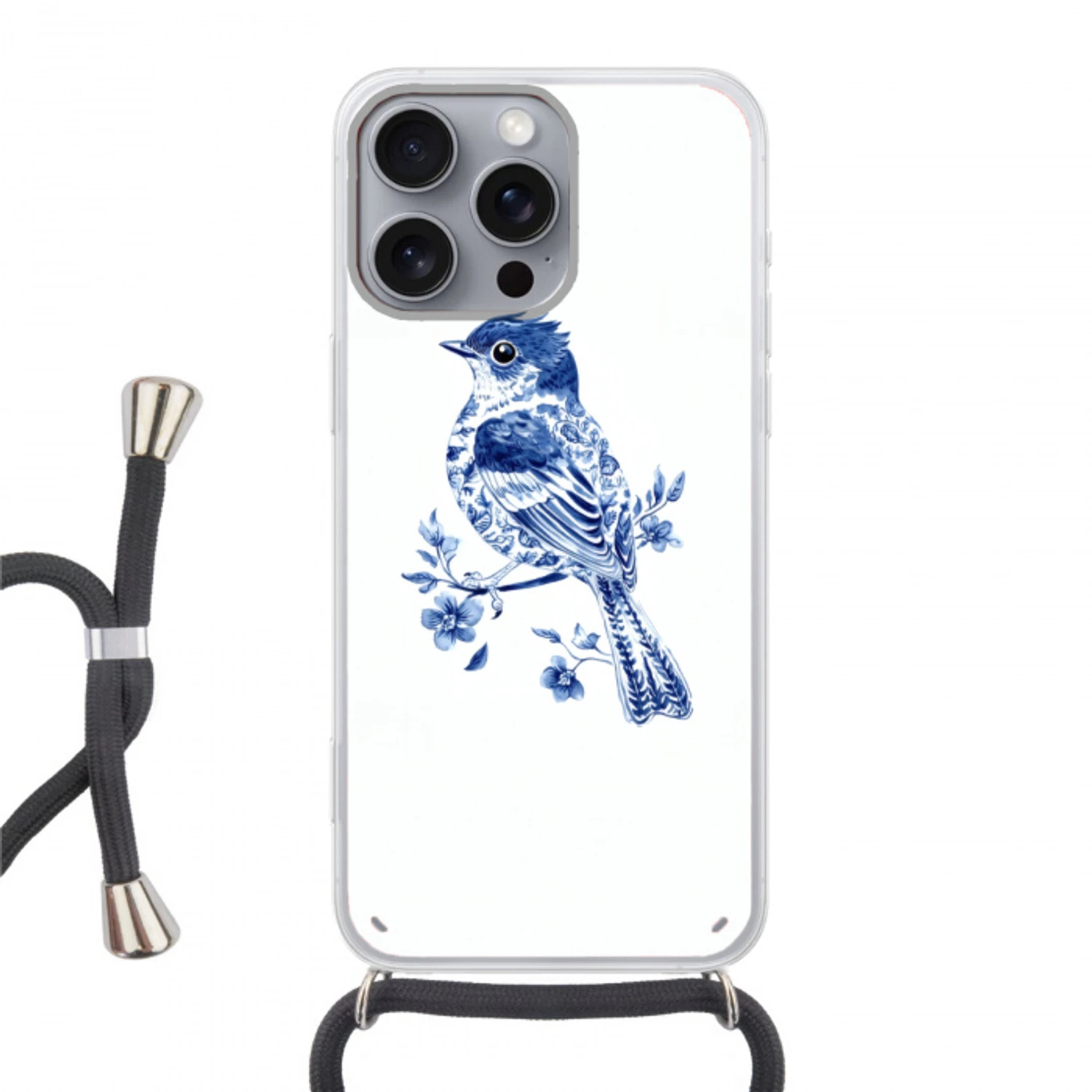 Vogel - Delfts blauw - Illustratie - Bloemen Hoesje iPhone 16 Pro Max met koord klein -3d