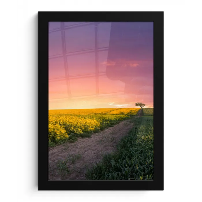 Bloemen - Weg - Lucht - Geel - Paars - Zonsondergang - Natuur fotolijst zwart zonder passe partout klein -3d