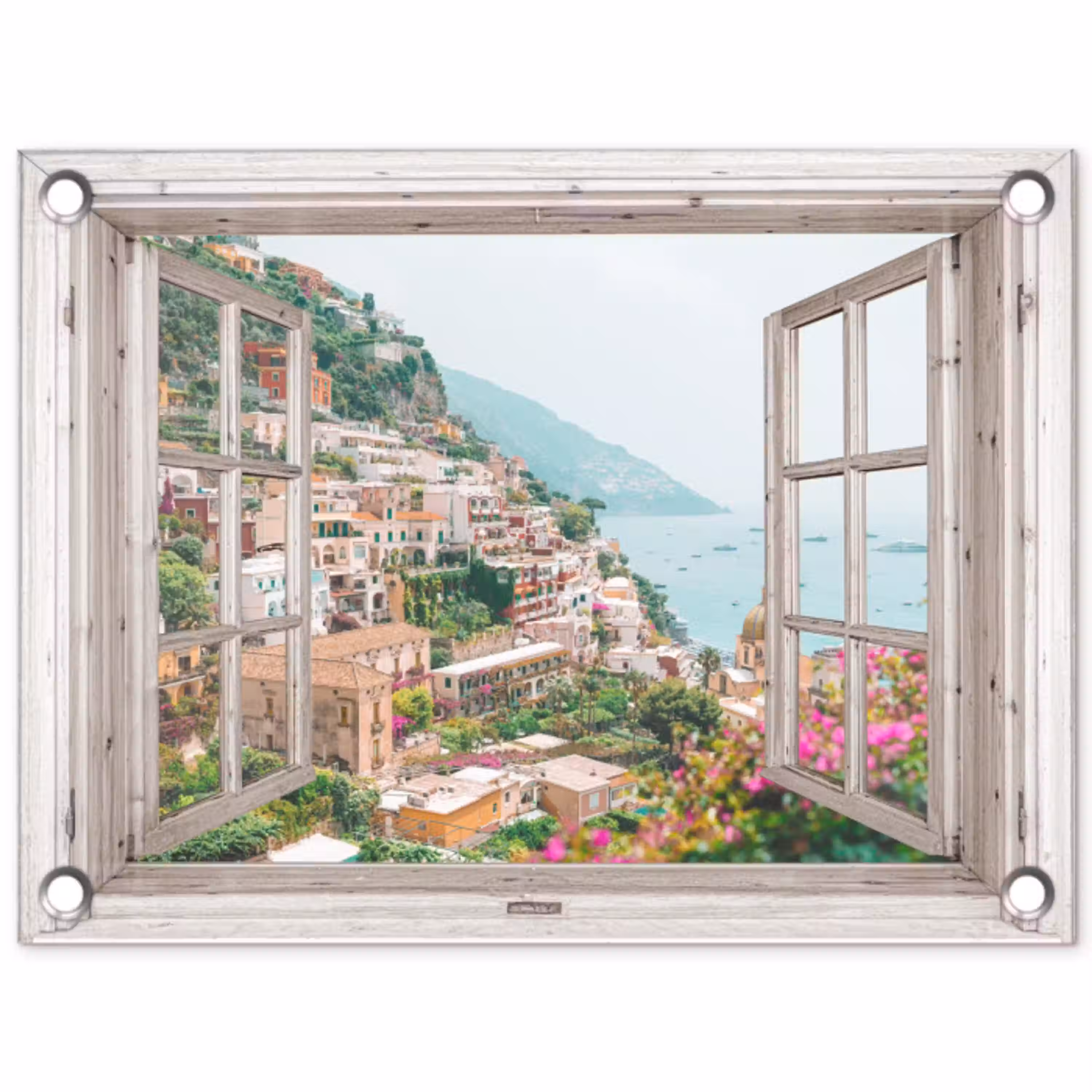 Doorkijk - Italië - Bloemen - Zee - Kust - Stad - Bergen tuinposter los doek klein -3d