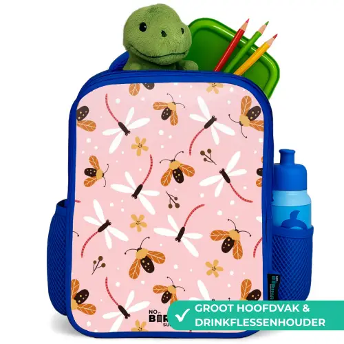 Lieveheersbeestjes en libellen op roze achtergrond Kinderrugzak - Blauw middel -inhoud_NL