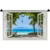 Doorkijk - Boom - Zee - Palmboom - Heuvels - Strand - Blauw Wandkleed katoen klein -zz3d
