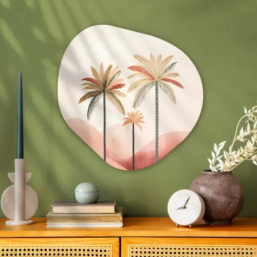 Palmbomen - Heuvels - Minimalistisch - Zachtroze Wandcirkel Organisch Plexiglas middel -sfeer2