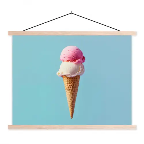 Bolletjes - Schepijs - Hoorntje - Blauw textielposter latten blank klein -3d