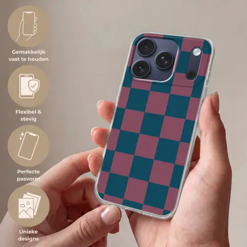 Schaakbord print - Blauw - Rood - Blokjes Telefoonhoesje iPhone 17 Pro klein -sfeer3_NL