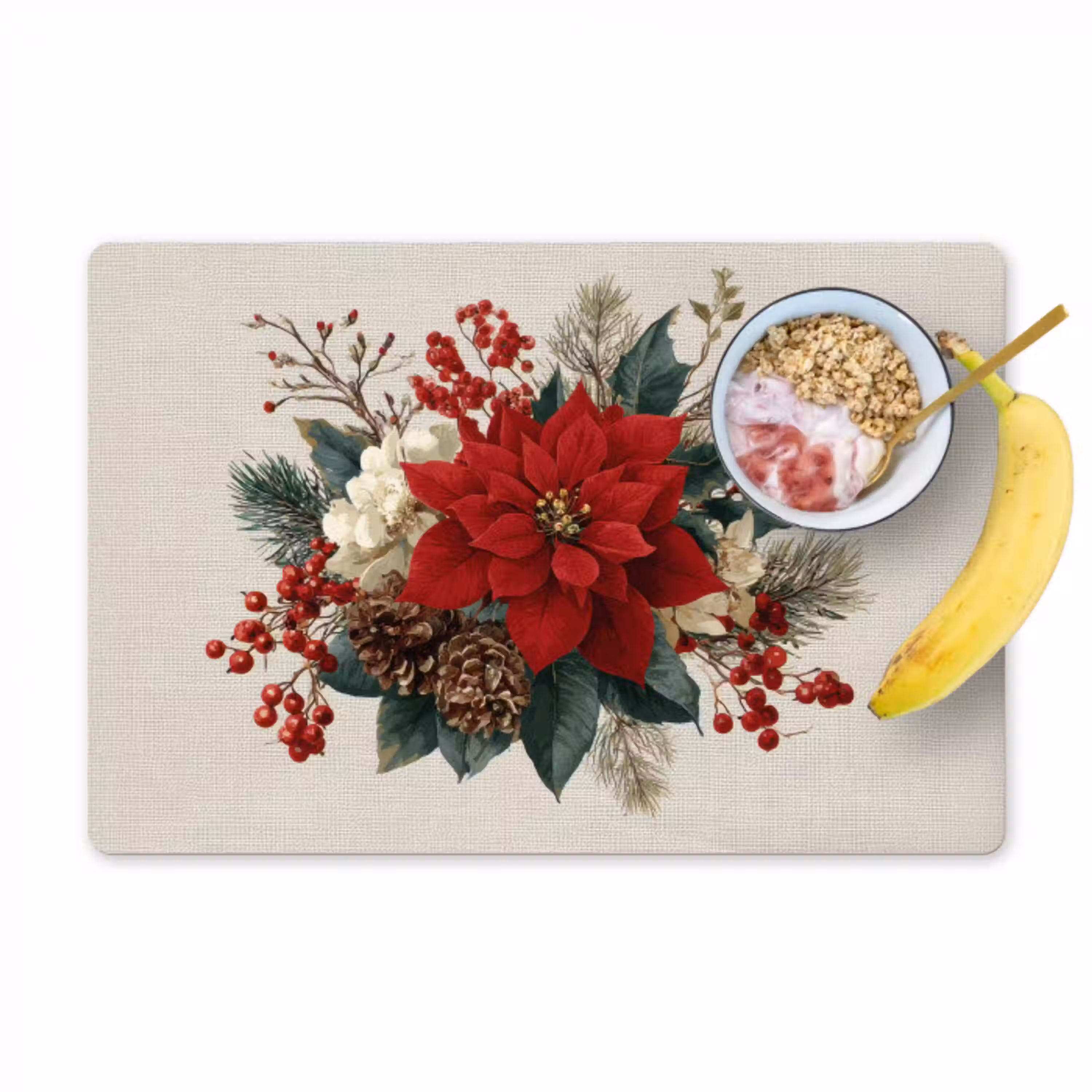 Kerststuk - Poinsettia - Dennenappels - Rood Placemat vinyl groot -zzzproduct_Kitchenyeah-website
