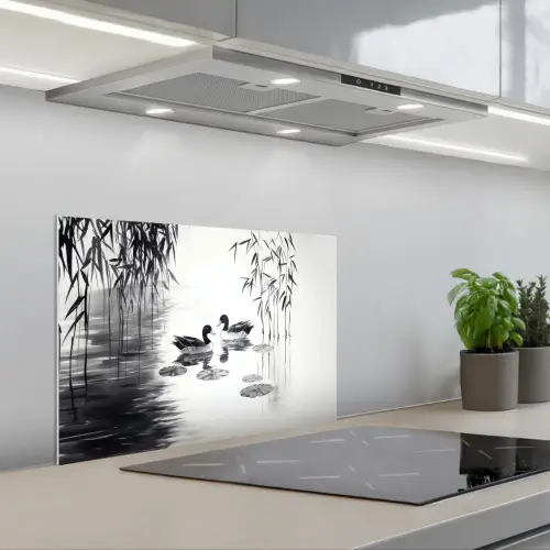 Eenden - Waterlelies - Riet - Zwart keuken achterwand spatscherm klein -3d_schuin