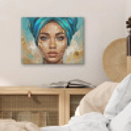 Portret - Vrouw - Schilderij - Blauw - Goud - Expressief PET vilt klein -sfeer3