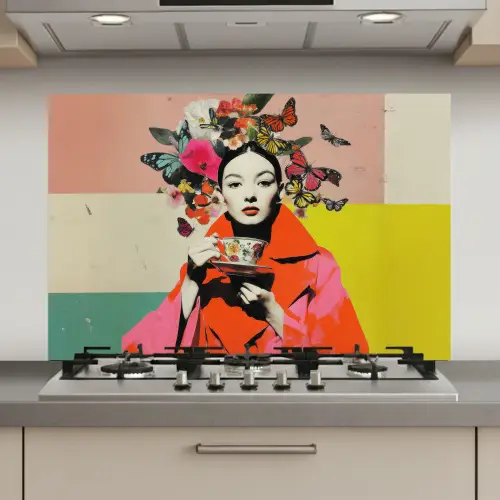 Retro - Vrouw - Kopje - Vlinders keuken achterwand spatscherm klein -3d_website
