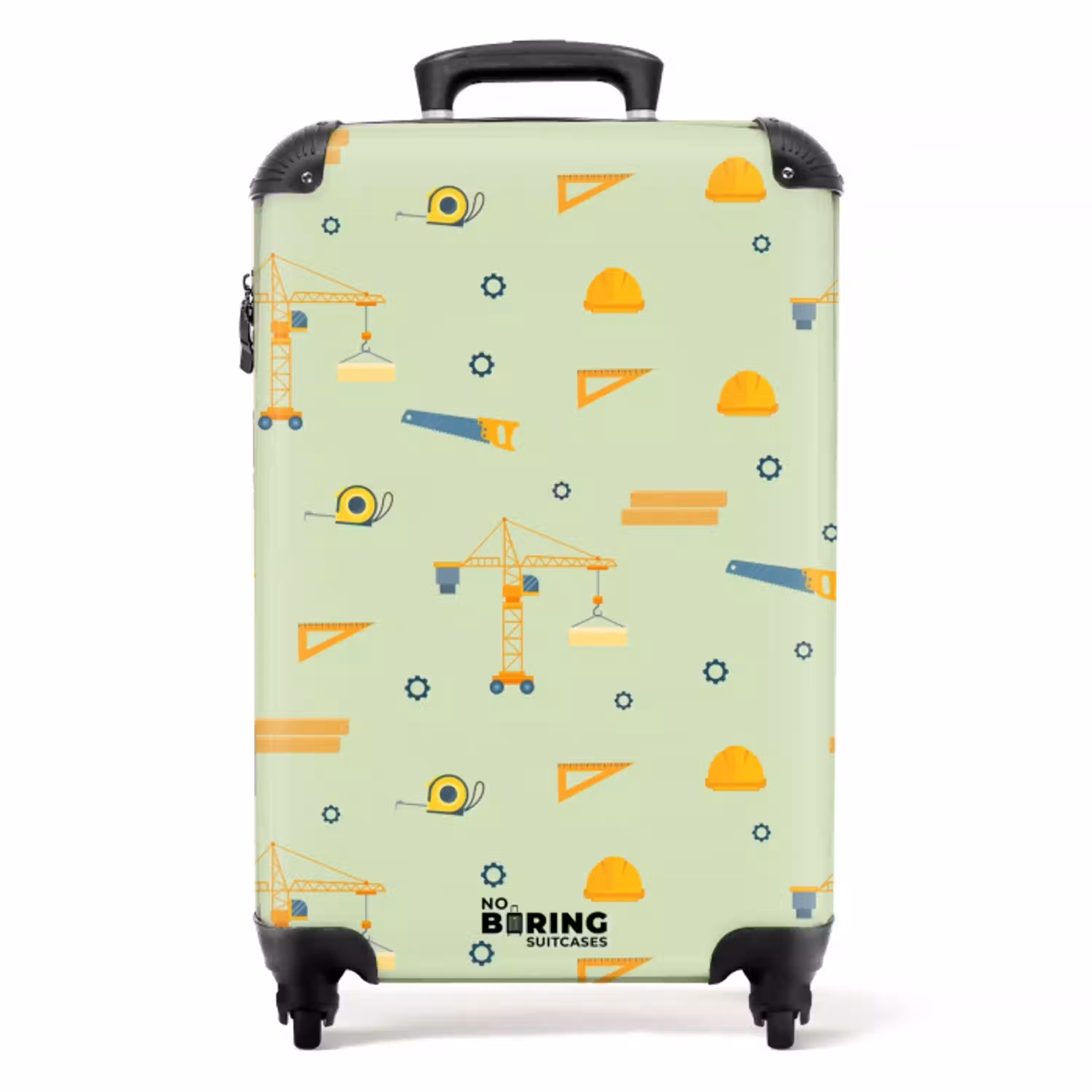 Bouwkranen en timmergereedschap op mintgroene achtergrond NBS - Handbagage koffer - Kinderen Unisex middel -productfoto_recht