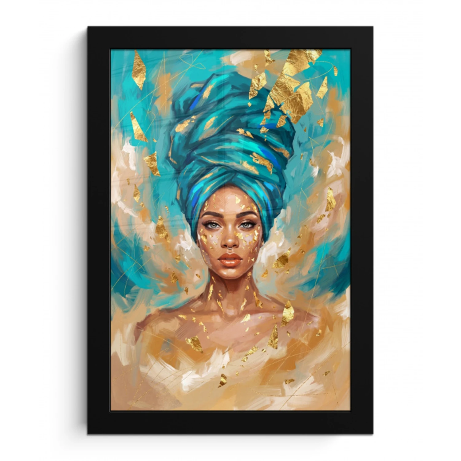 Portret - Vrouw - Schilderij - Blauw - Goud - Expressief fotolijst zwart zonder passe partout klein -3d