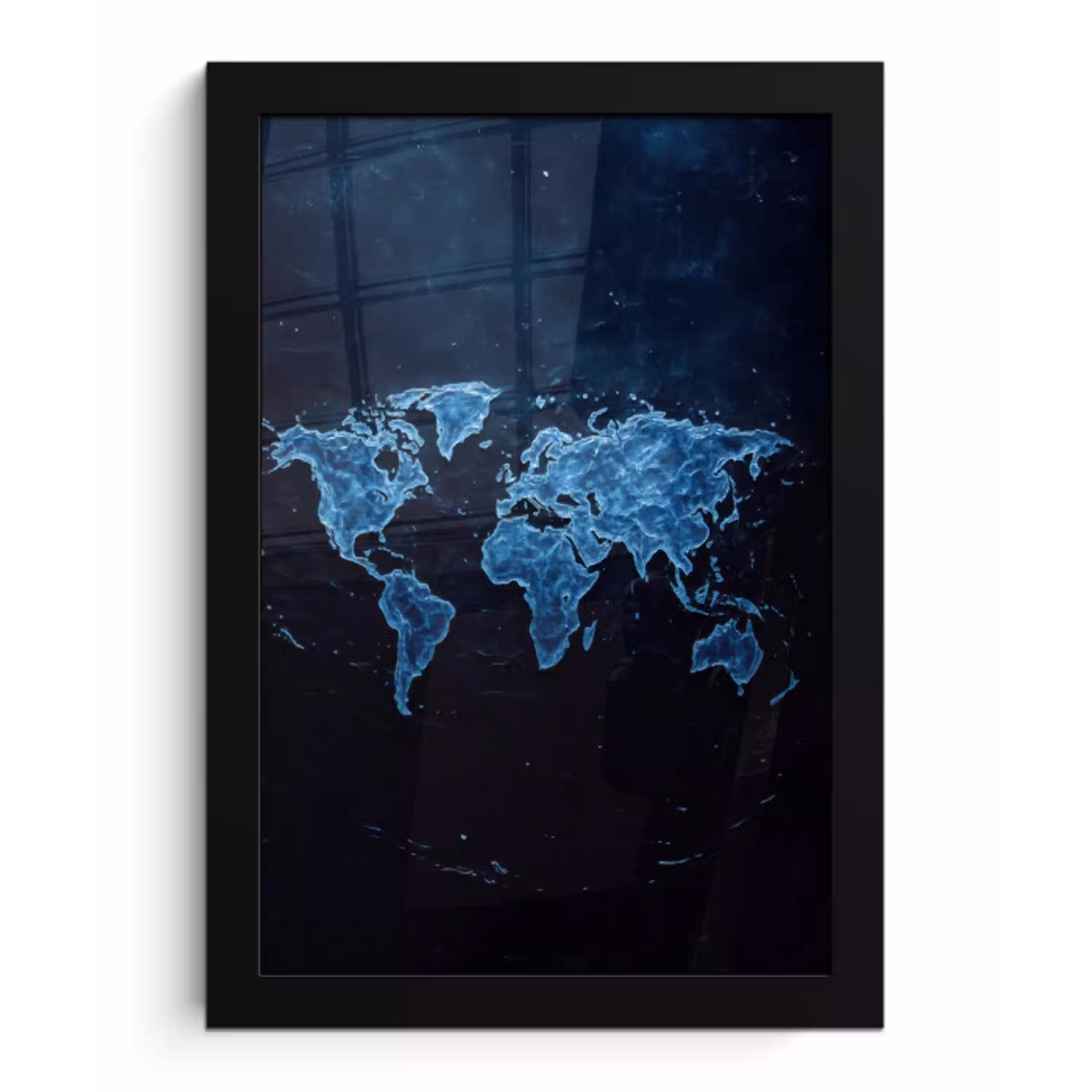 Wereldkaart - Waterstructuur - Blauw fotolijst zwart zonder passe partout klein -3d