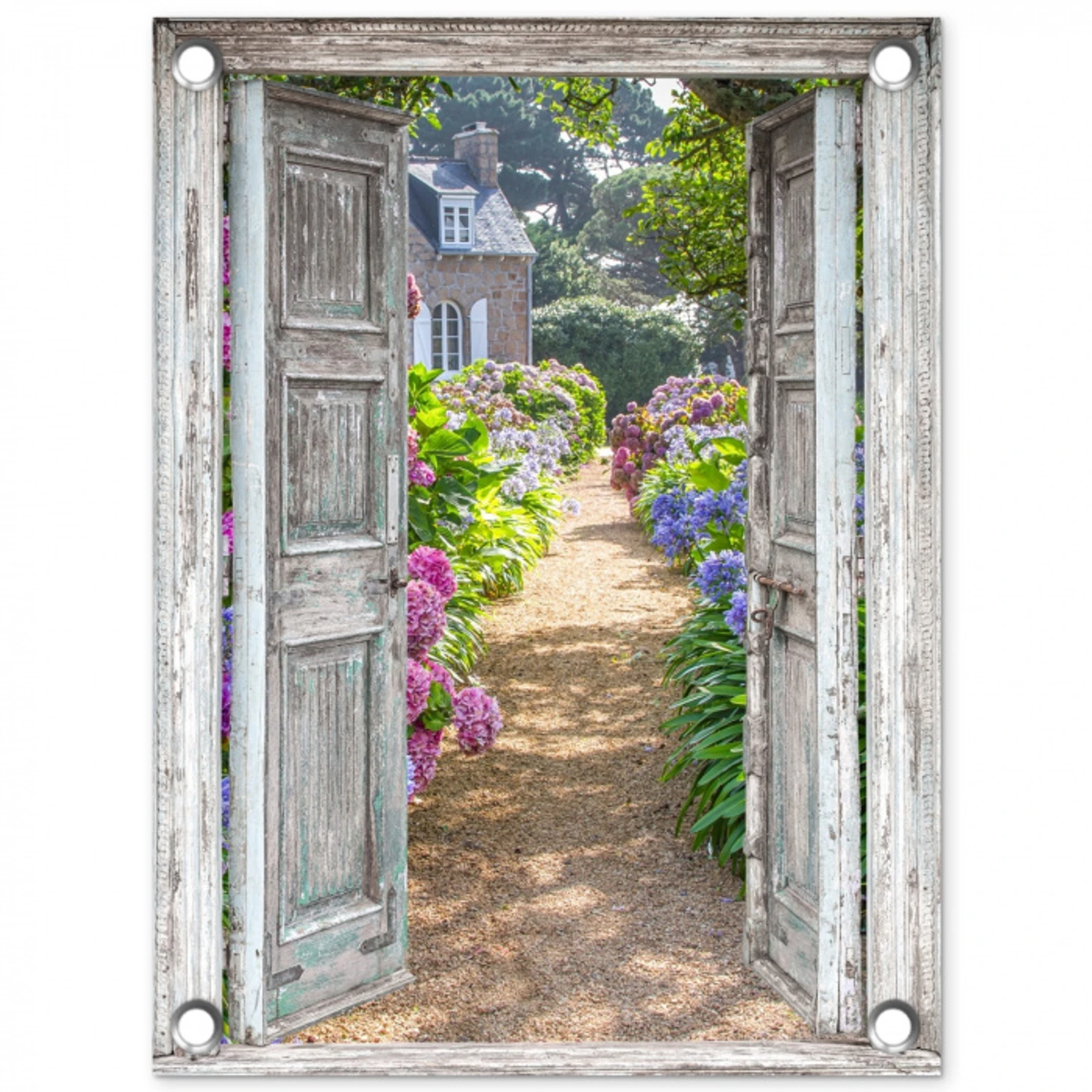 Deur naar een bloementuin tuinposter los doek klein -3d