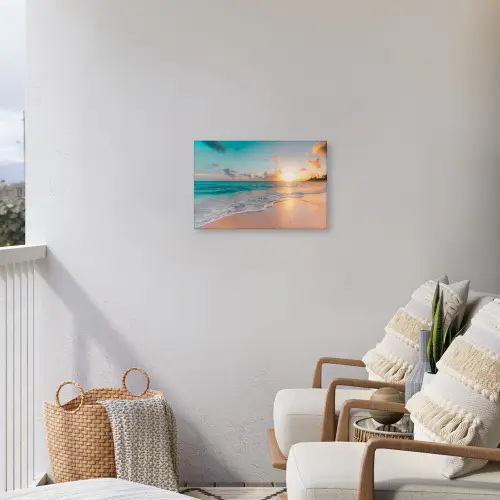 Zonsondergang - Strand - Zee - Zomer - Blauw Tuinposter op houten frame 2 cm dik klein -sfeer1