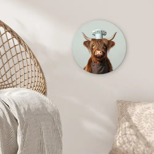 Schotse Hooglander - Bruin - Hoorns - Kokskleding Wandcirkel kunststof plaat 5mm dik klein -sfeer5