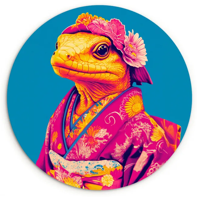 Bloemenkrans - Hagedis - Kimono - Paars Wandcirkel kunststof plaat 5mm dik klein -3d