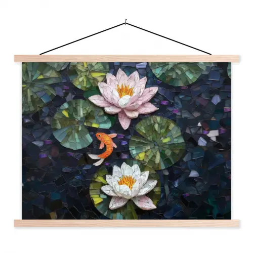 Glasstukjes - Leliebladeren - Vis - Oranje textielposter latten blank klein -3d
