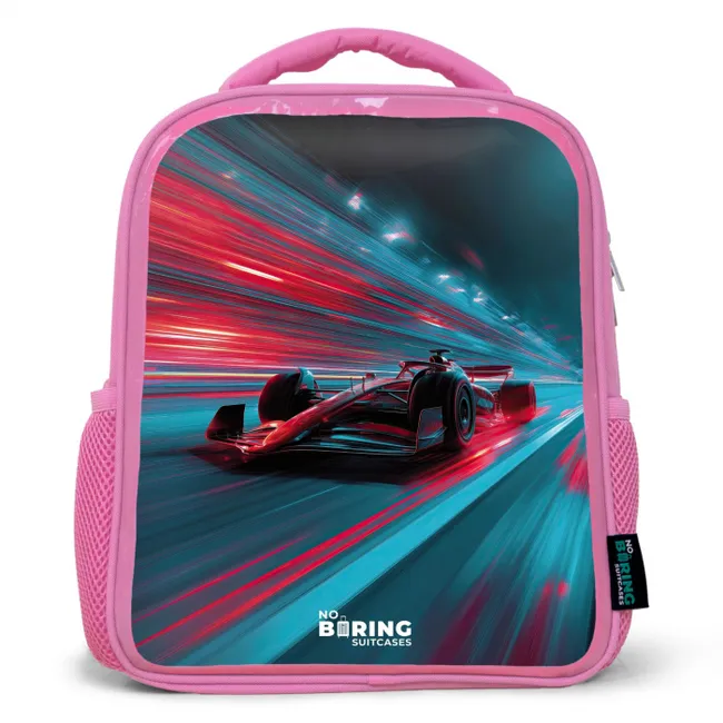 Raceauto - Baan - Neon - Verlichting Kinderrugzak - Roze middel -3d