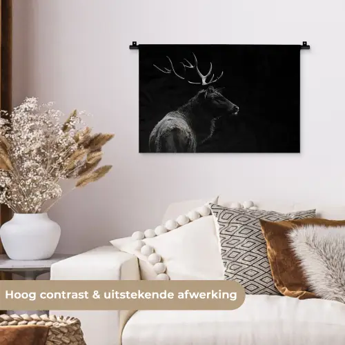 Hert - Zwart - Portret - Gewei - Dieren Wandkleed katoen klein -sfeer1