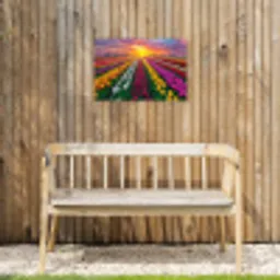 Tulpenveld - Zonsondergang - Kleurrijk Tuinposter op houten frame 2 cm dik klein -sfeer4