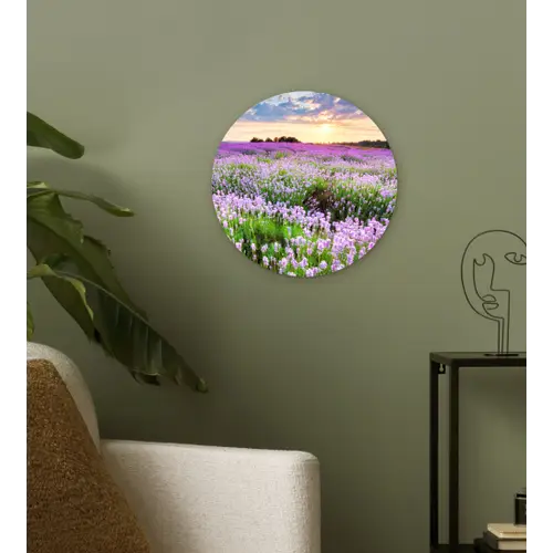 Lavendel - Bloemen - Zonsondergang - Paars - Weide Wandcirkel kunststof plaat 5mm dik klein -sfeer3