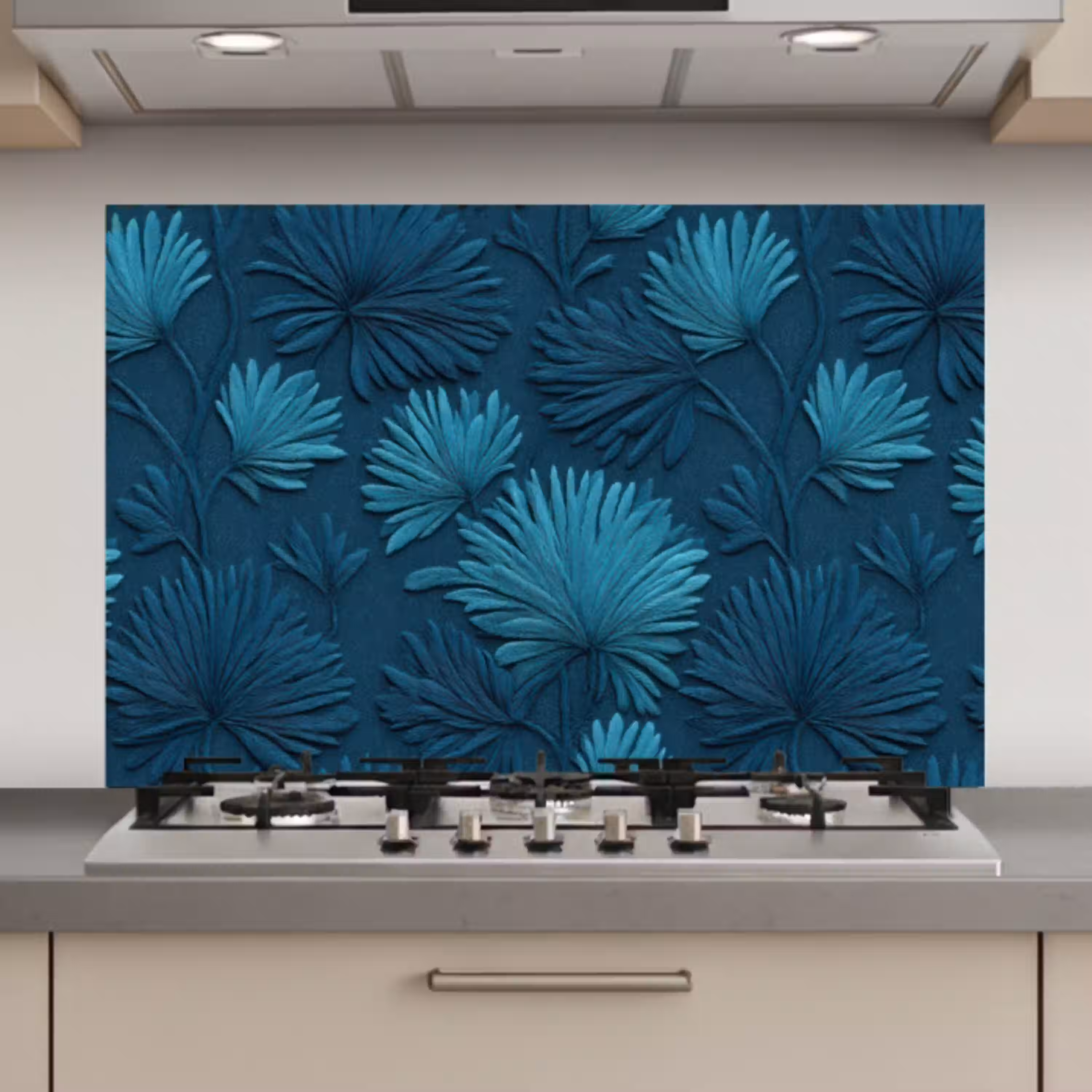 Bladeren - Reliëf - Patroon - Oceaanblauw - Modern keuken achterwand spatscherm klein 900 -3d_website