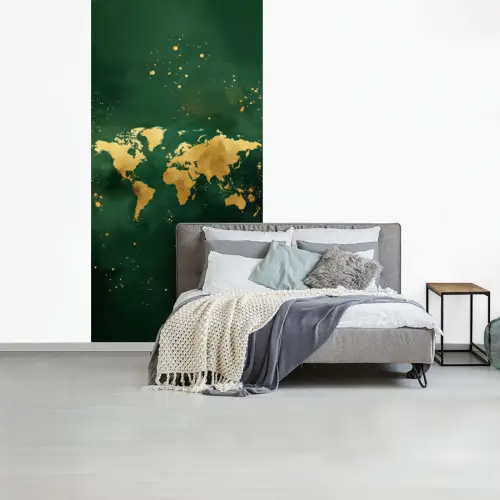 Wereldkaart - Groen - Goud fotobehang vinyl groot -slaapkamer