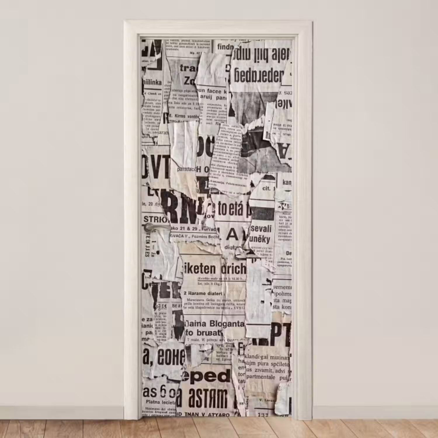 Deursticker - Krant - Gescheurd - Textuur - Abstract - Zwart-wit
