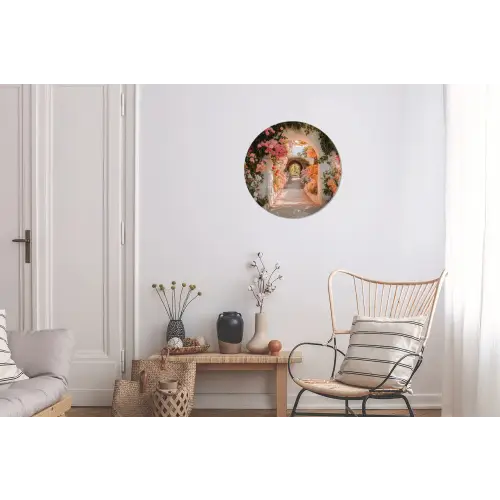 Doorkijk - Boog - Bloemen - Pastel Wandcirkel aluminium klein -woonkamer