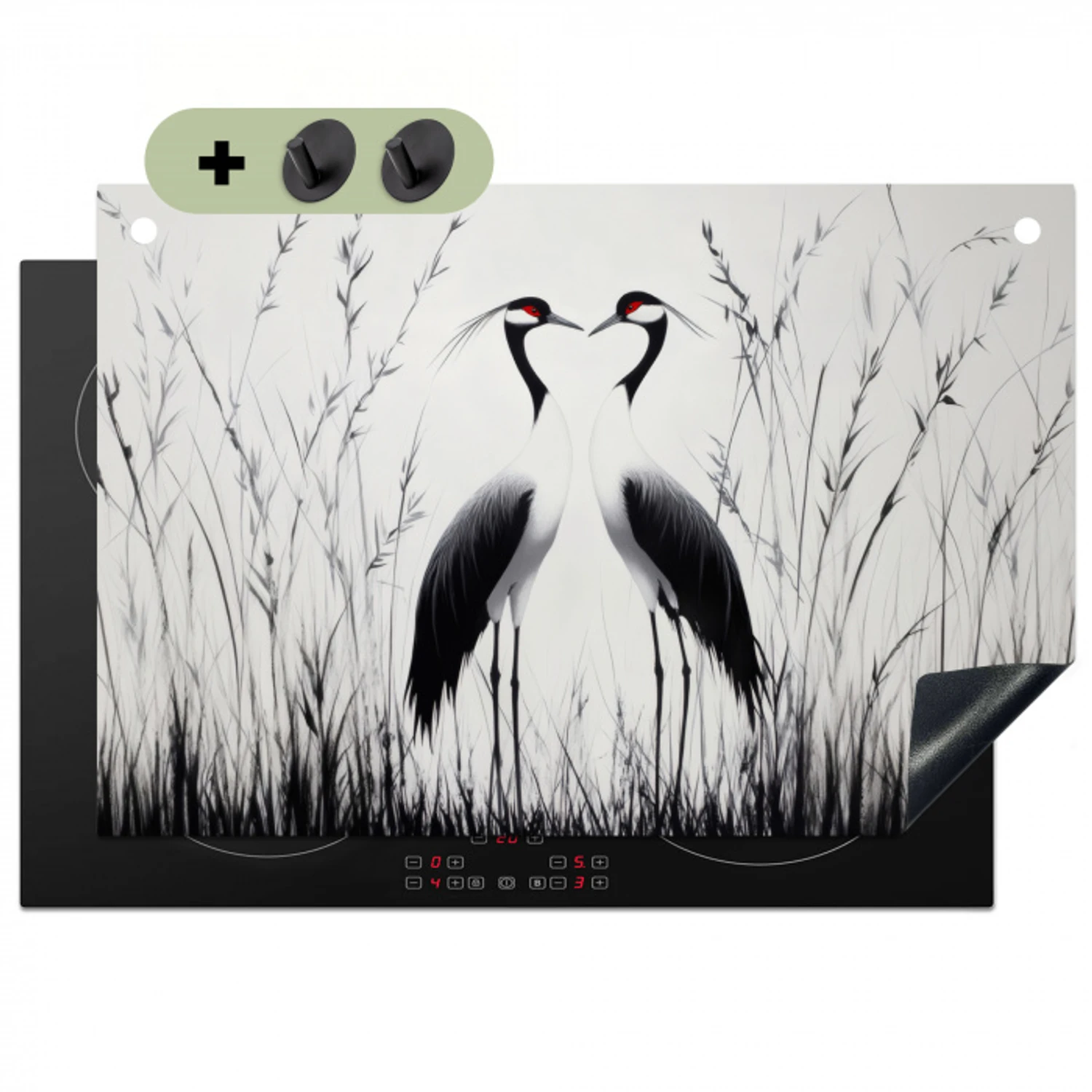 Kraanvogels - Gras - Hartvorm - Zwart Inductie beschemer met haakjes klein -3d