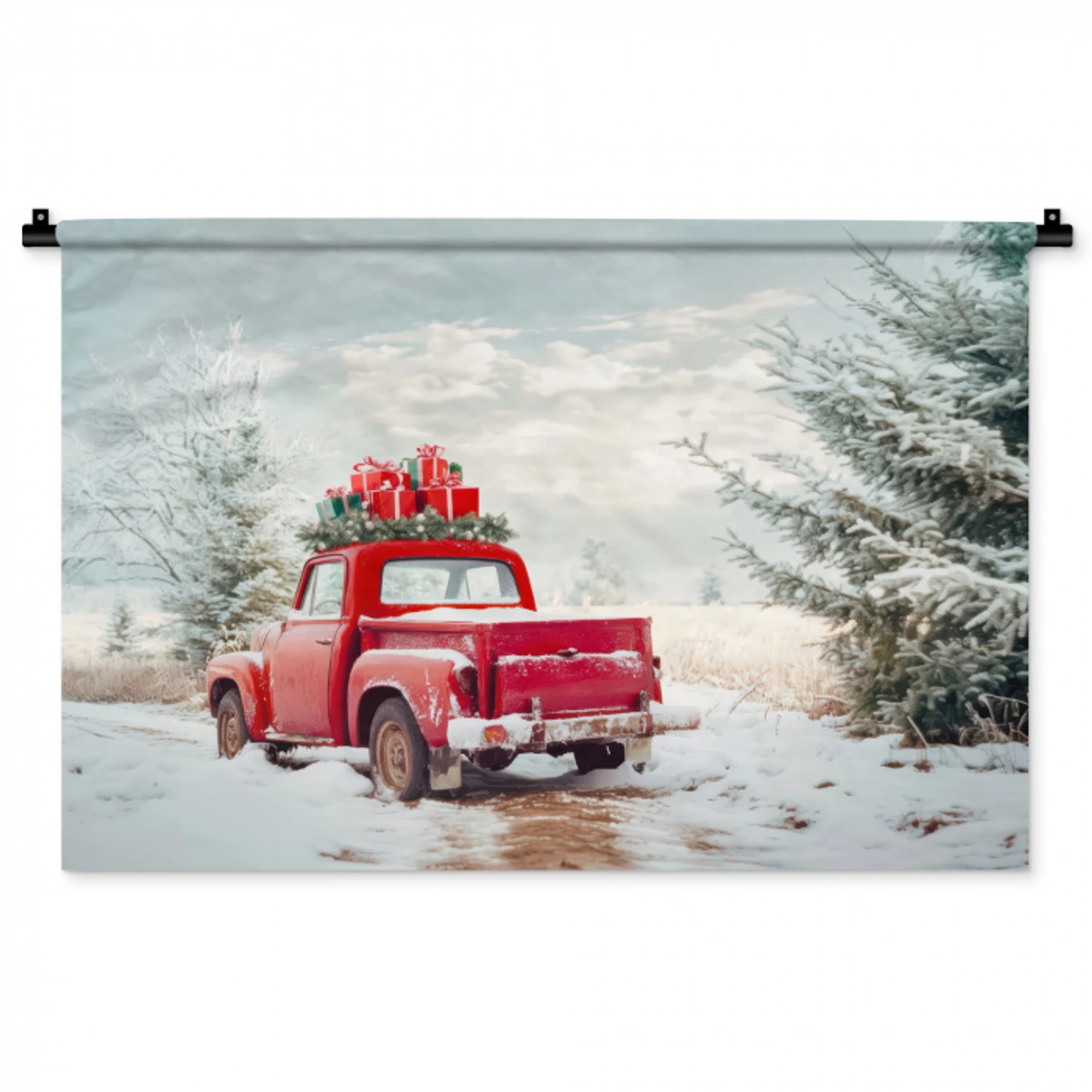 Auto - Rood - Cadeaus - Winter - Sneeuw - Kerst Wandkleed katoen middel -zz3d