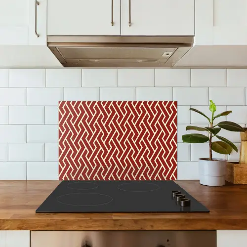 Rood - Beige - Patroon - Lijnen keuken achterwand spatscherm klein 900 -sfeer2