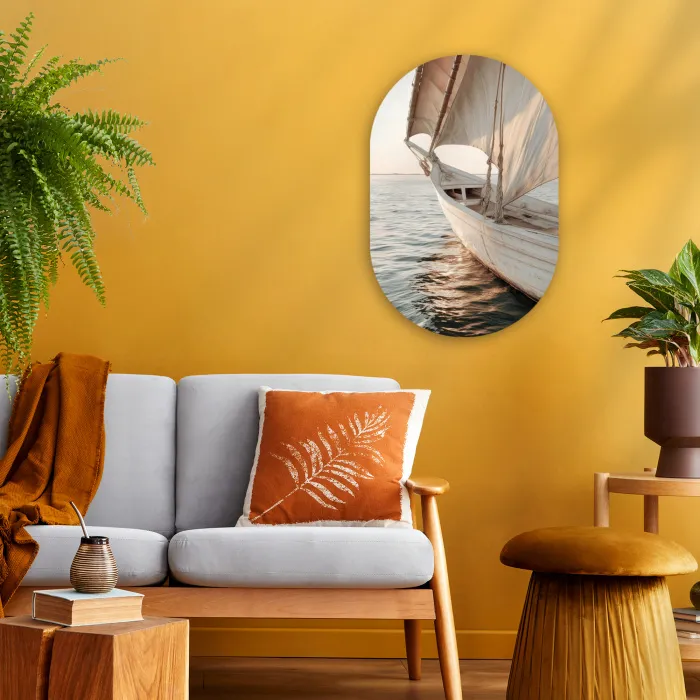 Zeilboot - Zee - Beige - Zon Wandcirkel Ovaal Forex klein -sfeer4