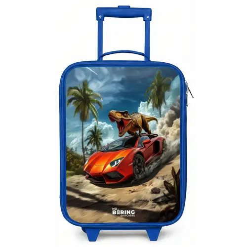 Rode sportauto met dino raast door tropisch strand Kinderkoffer - Blauw klein -zz3dotto
