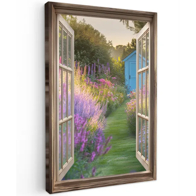 Doorkijk - Bloemen - Raam - Natuur Tuinposter op houten frame 2 cm dik klein -3d