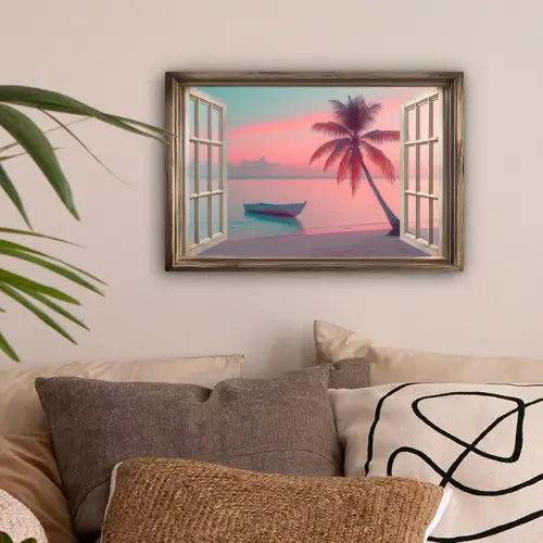 Doorkijk - Strand - Palmboom - Tropisch canvas 2cm klein -sfeer1